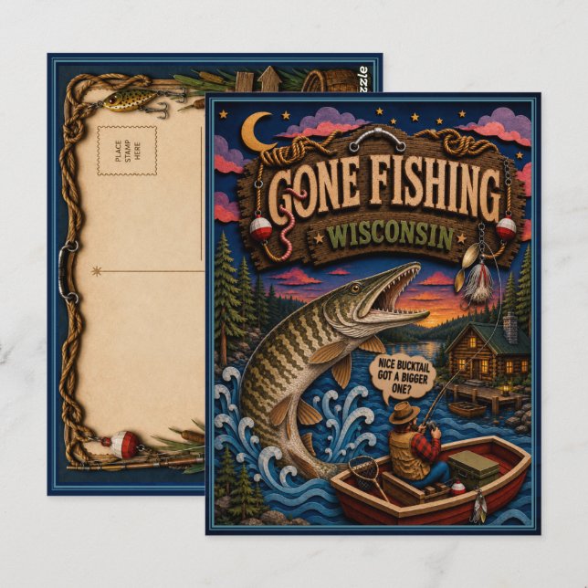 Wisconsin Gone Fishing Muskellunge Vykort (Fram/baksida)