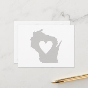 Wisconsin Grått State Karta Shape with Heart Cutou Vykort
