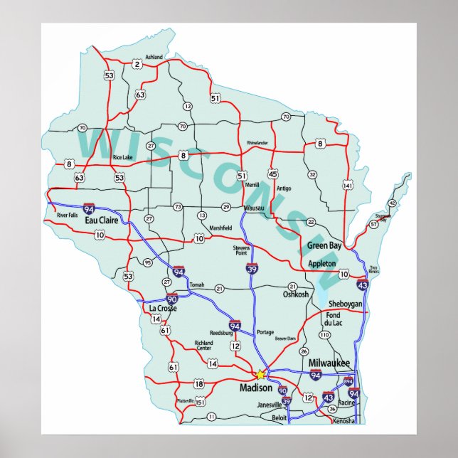 Wisconsin Interstate Karta Skriv ut Poster (Framsidan)