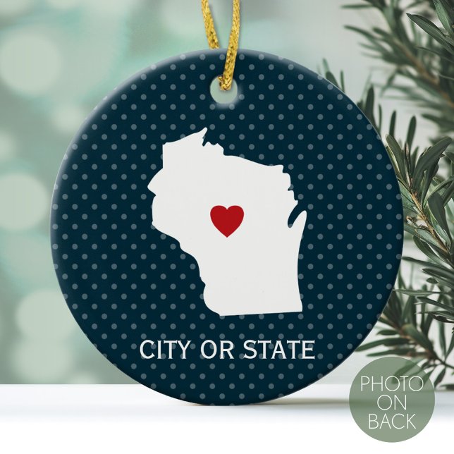 Wisconsin Karta Home State Kärlek Anpassningsbar C Julgransprydnad Keramik (Personalized Photo Ornament)