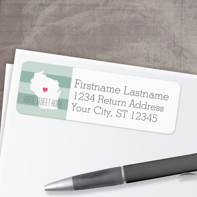 Wisconsin Karta Home State Kärlek med Anpassningsb Returadress Etikett (Personalized Mailing Label with Return Address and State Map - Low Minimum)