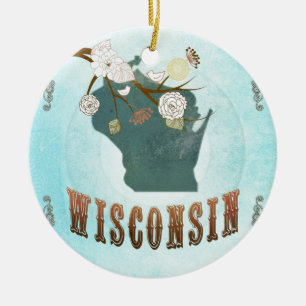 Wisconsin karta med älskvärda fåglar julgransprydnad keramik