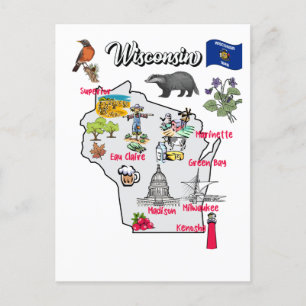 Wisconsin Karta med turistdestinationer Vykort