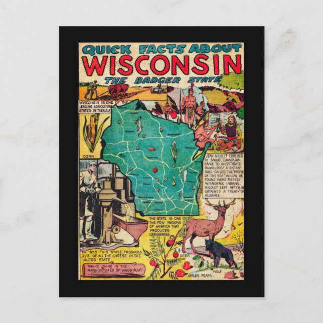 Wisconsin Karta och Facts Vykort (Framsida)