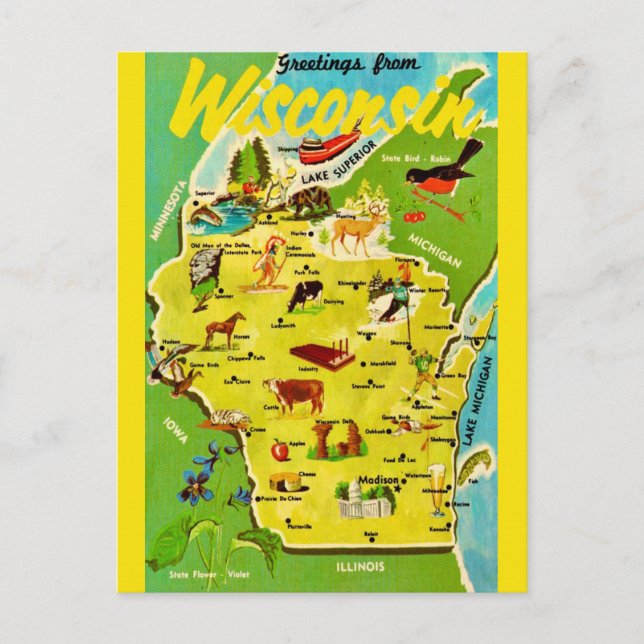 Wisconsin karta vintage vykort (Framsida)