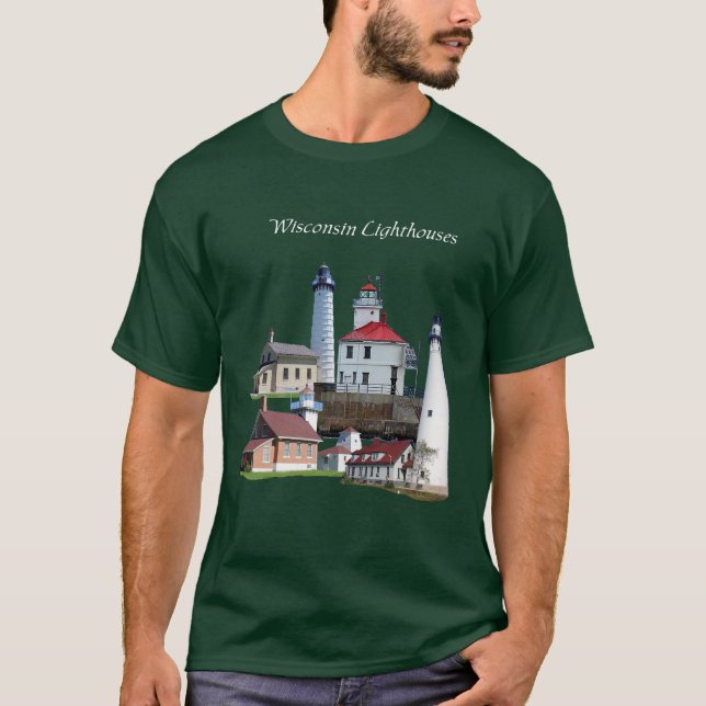 Wisconsin Lighthouse white lettering Shirt T Shirt (Framsida)