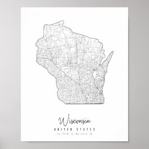 Wisconsin Minimal Street Karta Poster