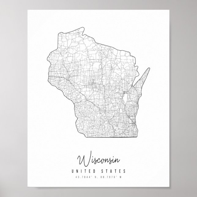 Wisconsin Minimal Street Karta Poster (Framsidan)