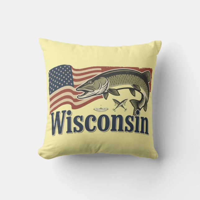 Wisconsin Muskellunge på amerikansk flagga Kudde (Framsida)