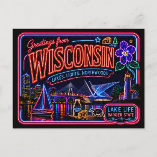 Wisconsin Neon State Retro Vintage Vykort