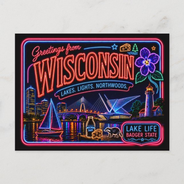 Wisconsin Neon State Retro Vintage Vykort (Framsida)