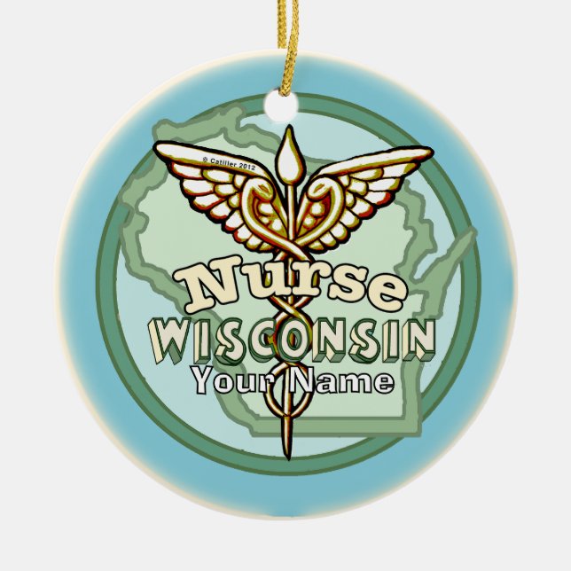 Wisconsin Nurse Caduceus Julgransprydnad Keramik (Framsidan)