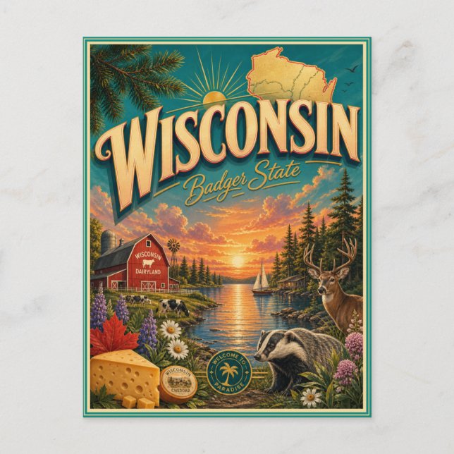 Wisconsin Retro Resminnerings vykort för resor (Framsida)