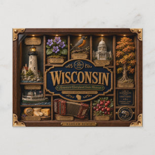 Wisconsin Shadow Box 3D Figurin Delstat Vykort