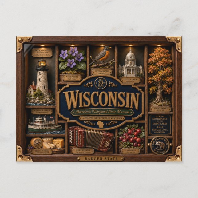 Wisconsin Shadow Box 3D Figurin Delstat Vykort (Framsida)