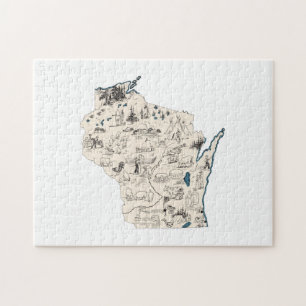 Wisconsin Shaped Badger State Vintage Bild Karta Pussel