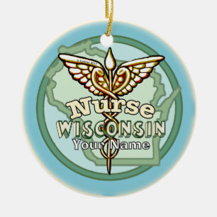 Wisconsin Sjuksköterska Caduceus Julgransprydnad Keramik