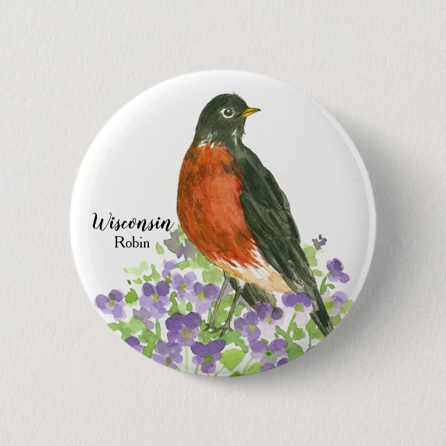 Wisconsin Souvenir American Robin Lila Violets Knapp (Framsida)