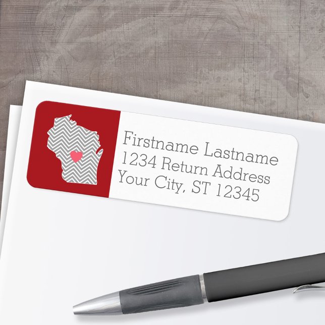 Wisconsin State Karta med Anpassningsbar Red Heart Returadress Etikett (Personalized Mailing Label with Return Address and State Map - Low Minimum)