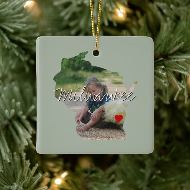 Wisconsin State Photo infoga och namn Julgransprydnad Keramik (Träd)