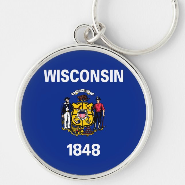 Wisconsin Statlig flagga Design Rund Silverfärgad Nyckelring (Framsidan)