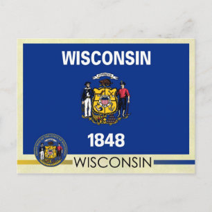 Wisconsin Statlig flagga och Seal Vykort