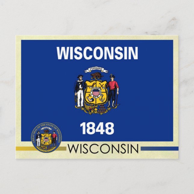Wisconsin Statlig flagga och Seal Vykort (Framsida)