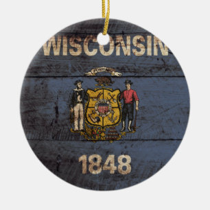 Wisconsin statlig flagga på gammalt Wood korn Julgransprydnad Keramik