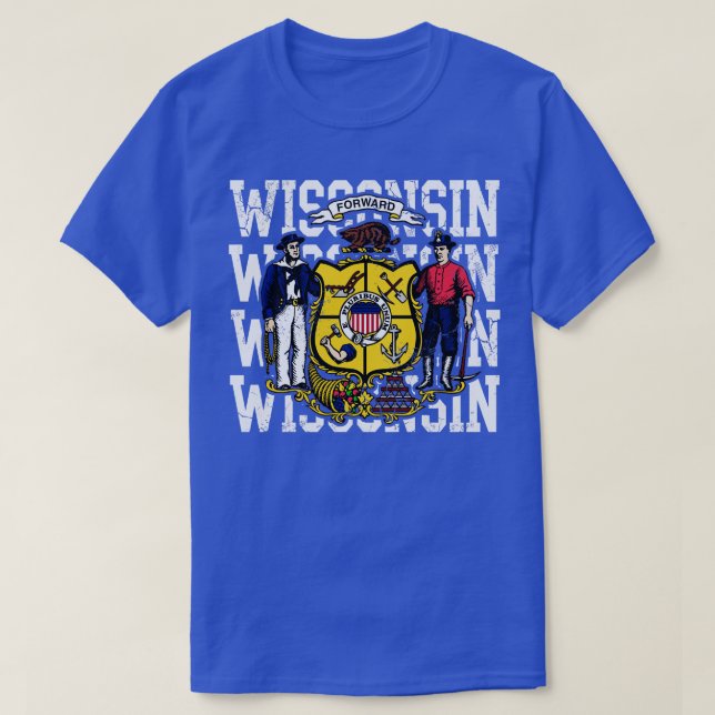 Wisconsin Statlig flagga Retro Distress T Shirt (Design framsida)
