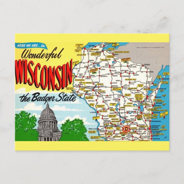 Wisconsin Statskarta  Vykort (Framsida)