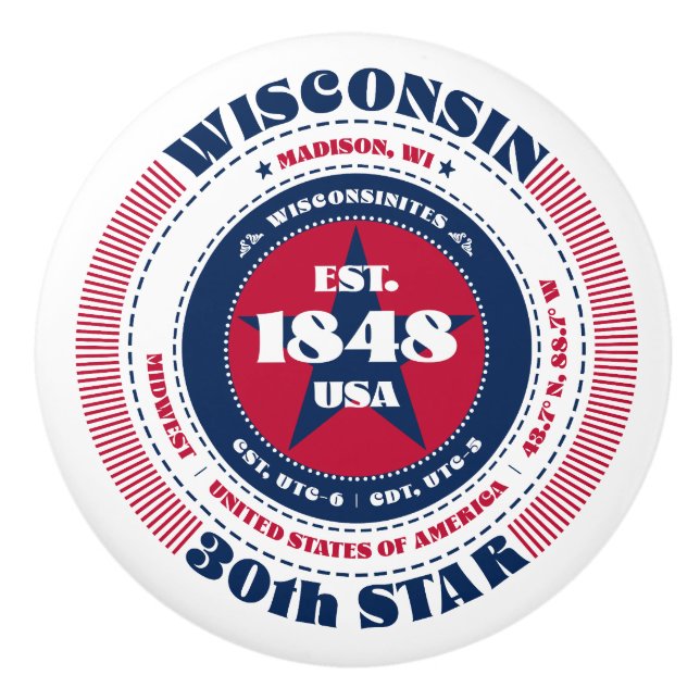 Wisconsin US State Rött vitt blått Typography Knopp (Framsidan)