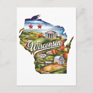 Wisconsin USA Delstat Formad Vintage Vattenfärg Vykort