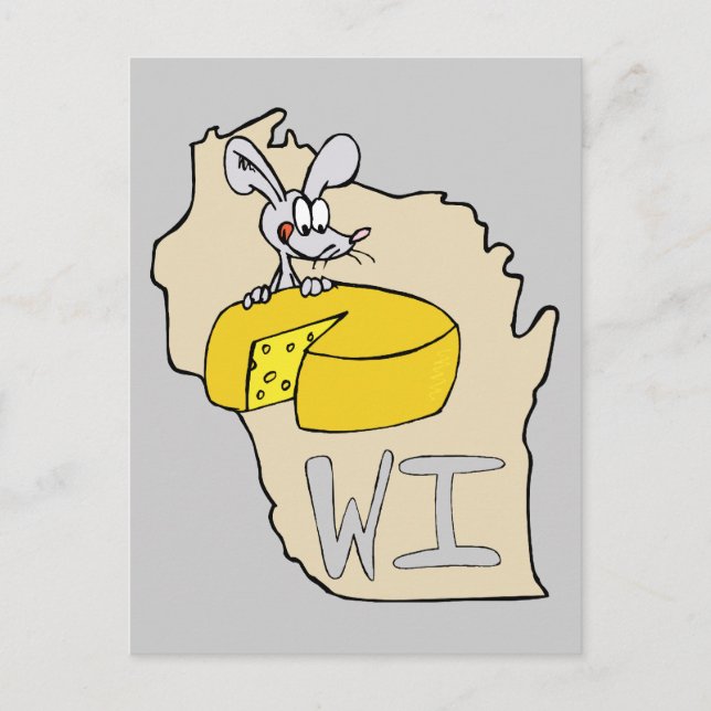 Wisconsin WI Karta & Cheese Mouse Tecknad Art Vykort (Framsida)