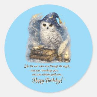 Wisdom & Knowledge Snow Owl Happy Birthday Card Runt Klistermärke
