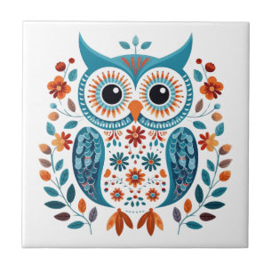 Wise Blue Uggla Scandinavian Folk Art Kakelplatta