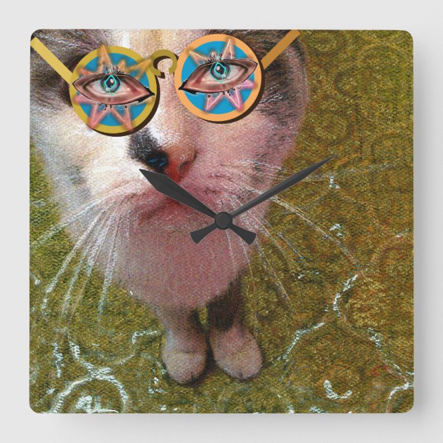 Wise Cat Human Öga och Funny Glass Poster Fyrkantig Klocka (Framsida)