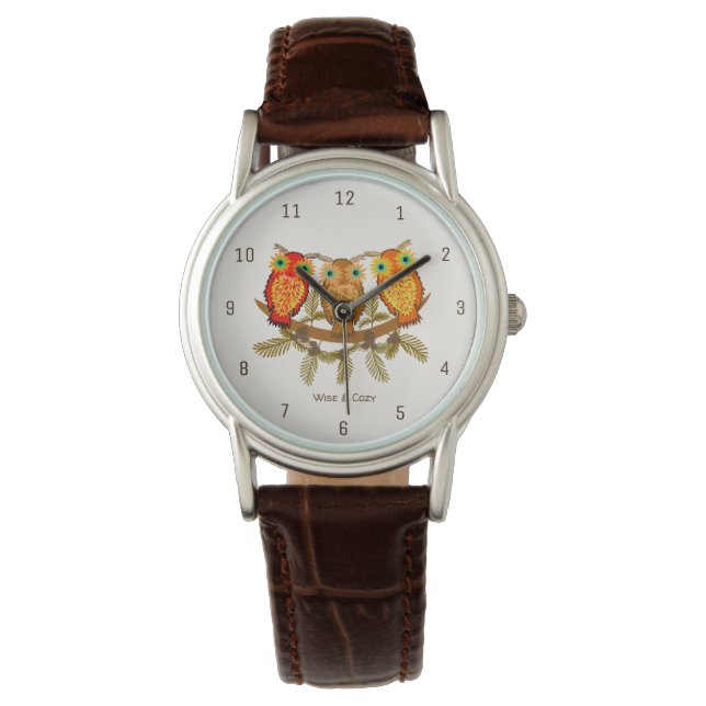 Wise & Cozy – Three Orange Owls Art Armbandsur (Framsida)