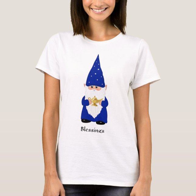 Wise Gnome, i blått med lampa T Shirt (Framsida)