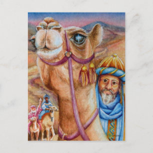 Wise Manar on Camels Se Star Watercolor Art Vykort