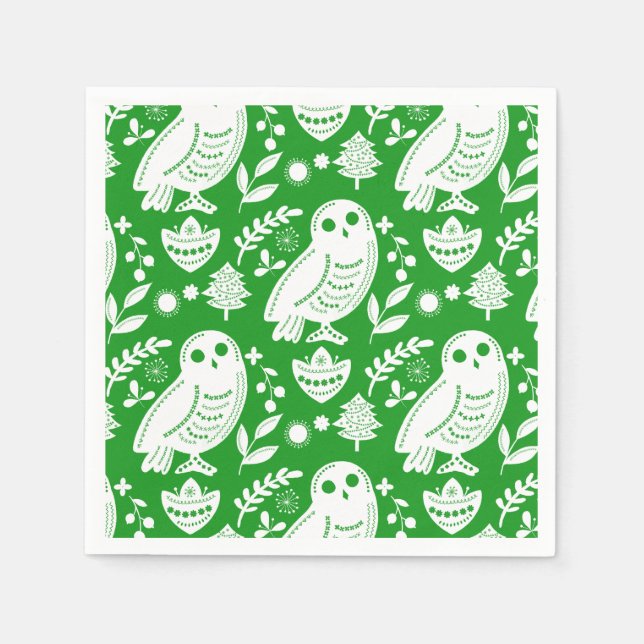 Wise Owl Folk Art Green Holiday Pappersservett (Framsidan)