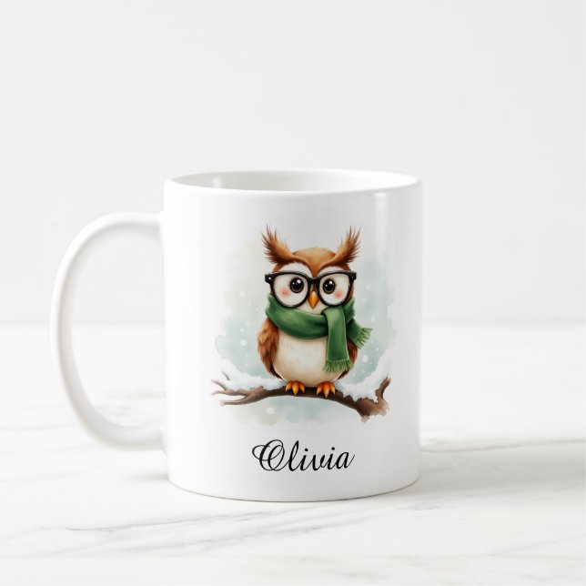 Wise Owl in Glasses & Scarf Custom Name Mug Kaffemugg (Vänster)