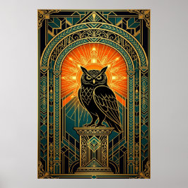 Wise Owl Silhouette Art Deco Midnight Gold Poster