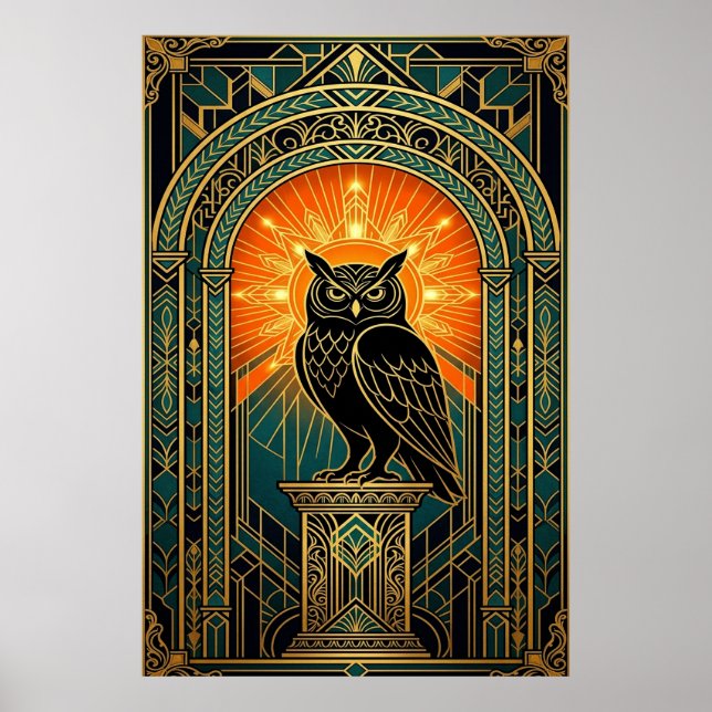 Wise Owl Silhouette Art Deco Midnight Gold Poster (Framsidan)