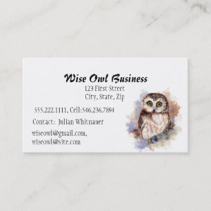 Wise Uggla Watercolor Bird Logotyp Anpassningsbar Visitkort
