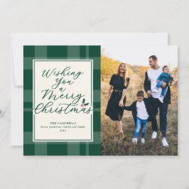 Wishing A Merry Christmas Green Plaid Photo Card Julkort