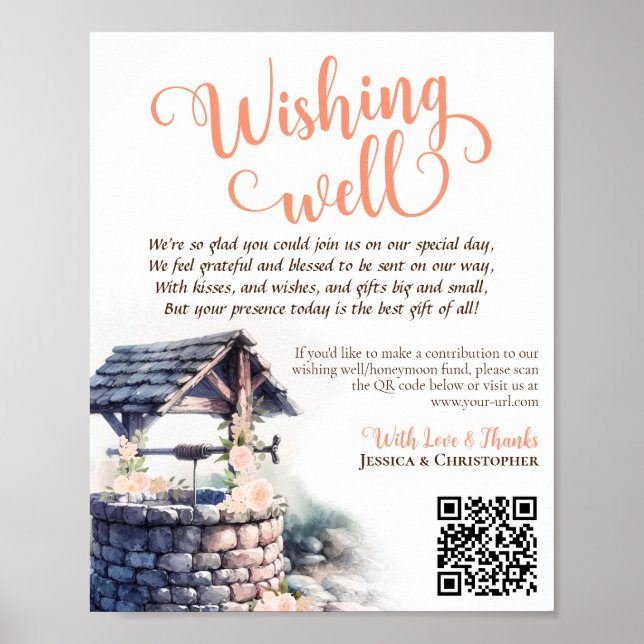 Wishing-QR-kod Coral Peach Ro Bröllop Poster (Framsidan)
