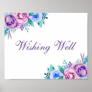 Wishing well bröllop skriver ut Blue och lila blom Poster