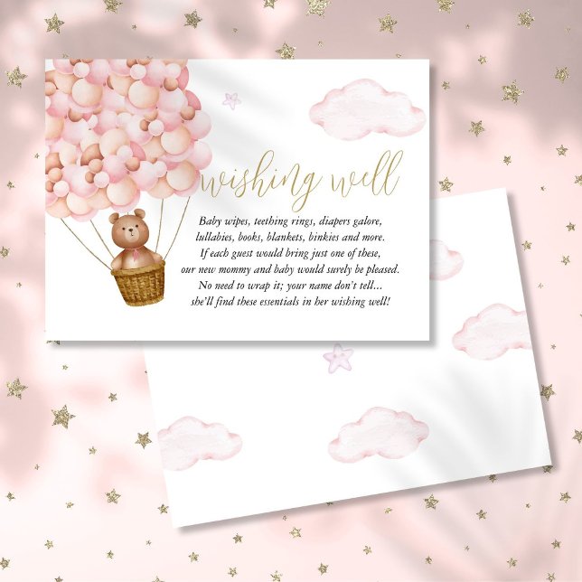 Wishing well Nalle Rosa Girl Baby Shower Tilläggskort (Wishing Well Teddy Bear Pink Girl Baby Shower Enclosure Card)