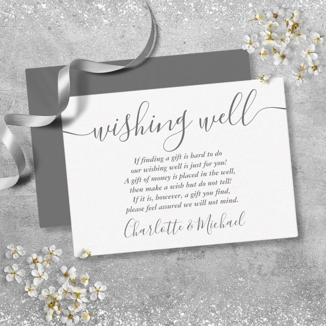 Wishing well Namnteckning Script Grått White Bröll Tilläggskort (Wishing Well Signature Script Gray White Wedding Enclosure Card)