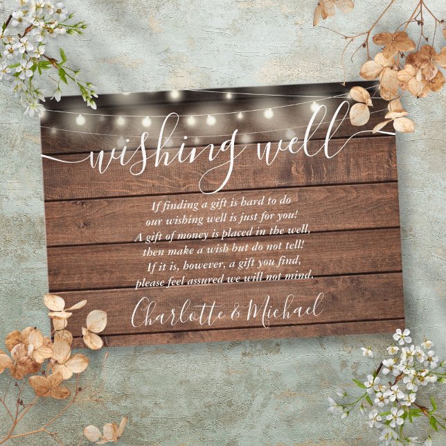 Wishing well Rustic Wood String Ljus Bröllop Tilläggskort (Wishing Well Rustic Wood String Lights Wedding Enclosure Card)